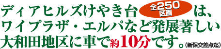 ディアヒルズけやき台全250区画は、ワイプラザ・エルパなど発展著しい大和田地区に車で約10分です。